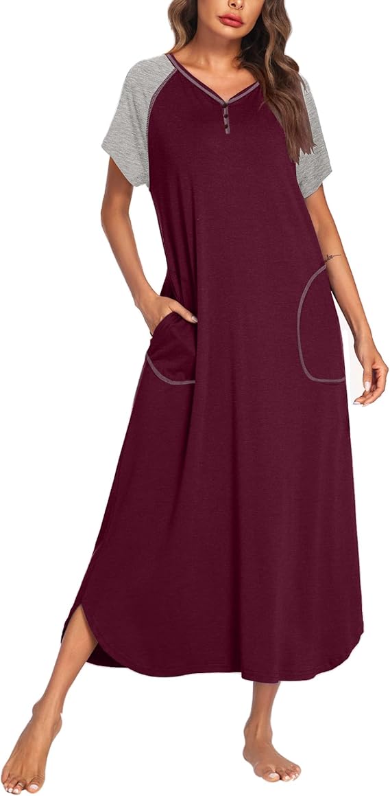 Ekouaer Long Nightgown Women's Loungewear Short Sleeve Sleepwear Full Length Sleep Shirt with Pockets