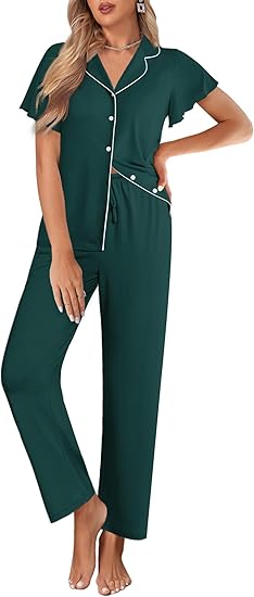 Ekouaer Pajamas for Women Set Button Up Sleepwear Cute Pjs Ruffle Sleeve Notch Collar Loungewear with Long Pants