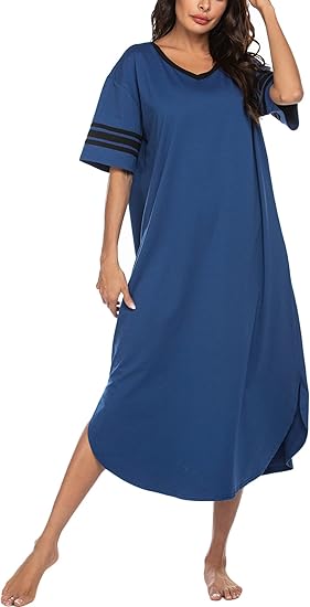 Ekouaer Long Nightgown, Womens V Neck Loungewear Oversized Sleepwear Loose Sleep Dress