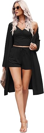 Ekouaer Rib Knit Pajamas Set for Women 3 Piece Lounge Sets Soft Cami and Shorts Pjs with Cardigan Loungewear