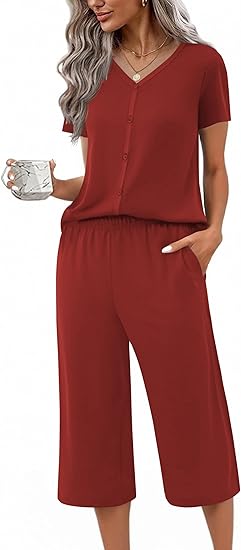 Ekouaer Women's Pajama Sets Short Sleeve Sleepwear Button Up Pj Loungewear Top and Capri Pants with Pockets