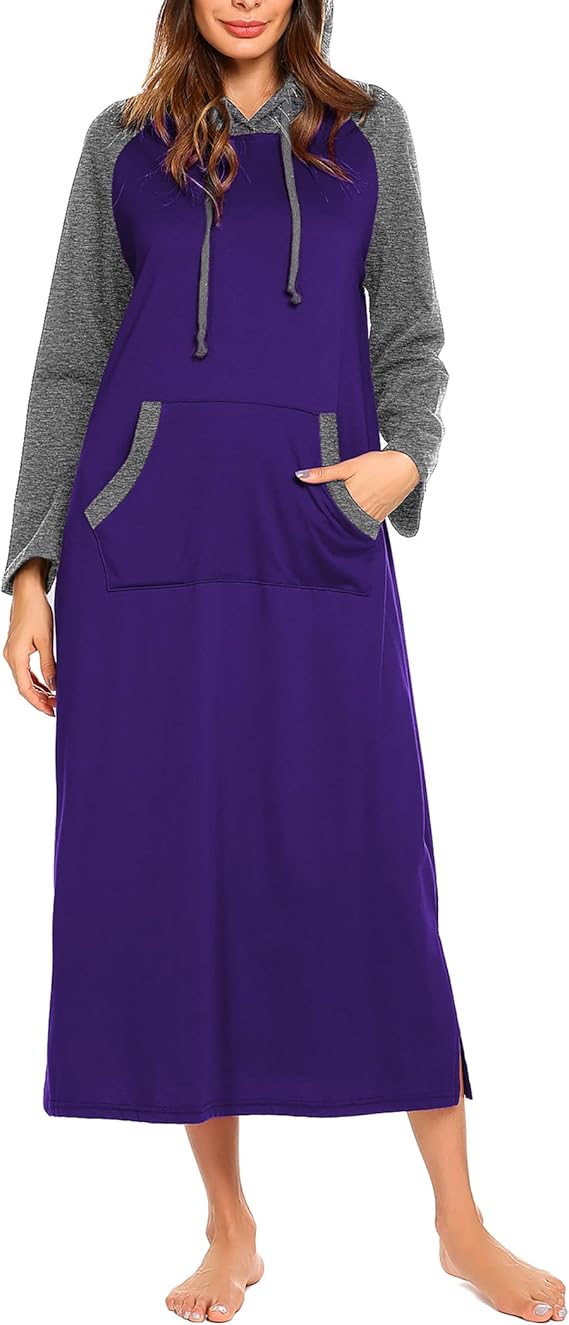 Ekouaer Nightgowns for Women Cotton Nightgown Long Sleeve Hooded Night Gown Contrast Color Full Length Loungewear with Pocket