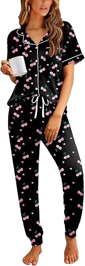 Ekouaer Women Pajama Set Short Sleeve Button Down Pjs Soft Comfy Sleepwear Nightwear with Jogger Pants