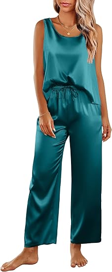 Ekouaer Womens Satin Pajamas Set Back Split Top and Long Pant Silk Pj Set Tank Sleepwear