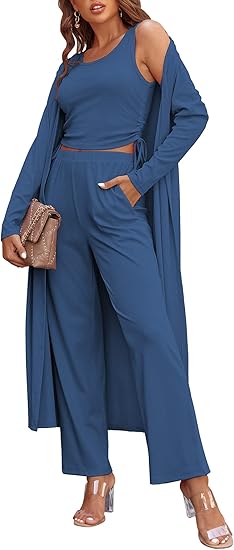 Ekouaer Women's 3 Piece Lounge Set Pajama Long Sleeve Cardigan Sleeveless Top Pants Sweatsuit