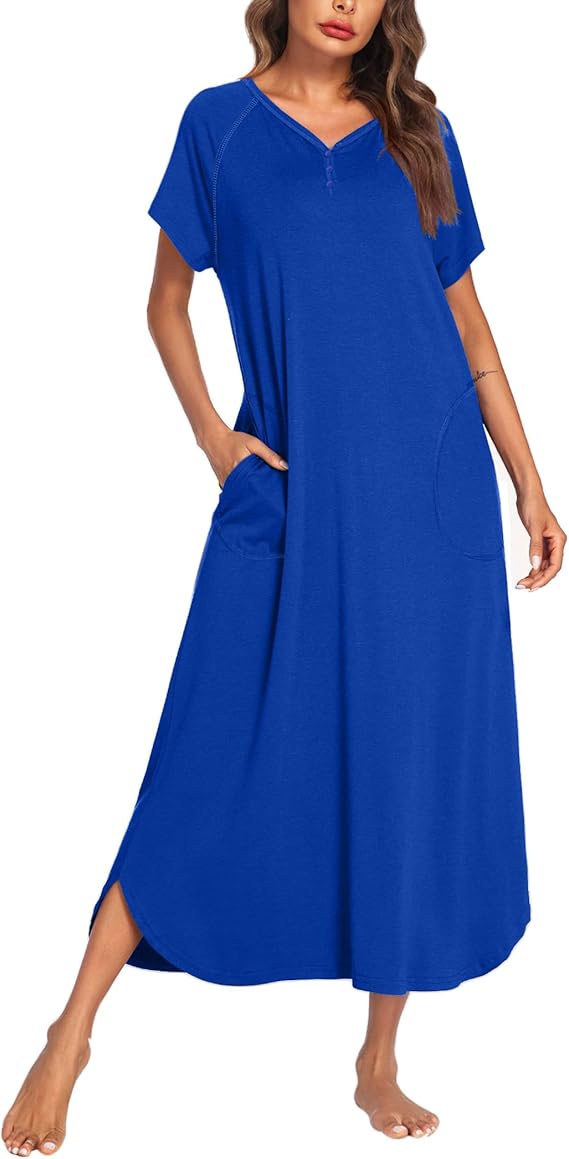 Ekouaer Long Nightgown Women's Loungewear Short Sleeve Sleepwear Full Length Sleep Shirt with Pockets