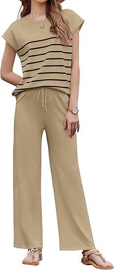 Ekouaer Striped Lounge Set 2 Piece Sweater Matching Outfits Travel Knit Clothing Sets for Women