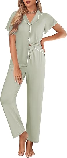 Ekouaer Pajamas for Women Set Button Up Sleepwear Cute Pjs Ruffle Sleeve Notch Collar Loungewear with Long Pants