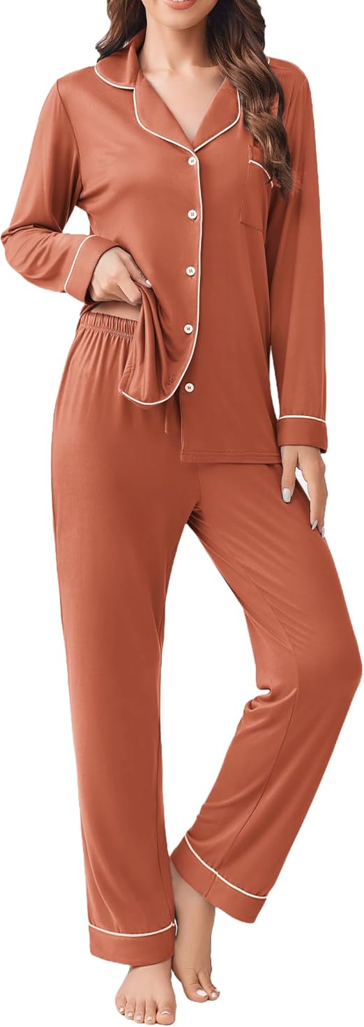 Ekouaer Womens Pajamas Set 2 Piece Button Down Pjs Soft Long Sleeve Top and Pants Sleepwear Set Lounge Sets