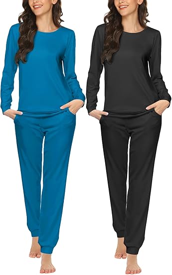 Ekouaer 2 Pack Women's Pajama Set Long Sleeve Top with Jogger Pants Lounge Sets Sleepwear Loungewear with Pockets