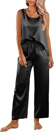 Ekouaer Womens Satin Pajamas Set Back Split Top and Long Pant Silk Pj Set Tank Sleepwear