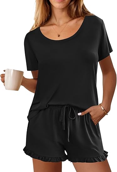 Ekouaer Womens Pajamas Short Sleeve Lounge Set Crew Neck Tops and Ruffle Shorts Pj Sets Soft Sleepwear with Pockets