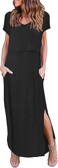 Ekouaer Women's Nursing Dress Summer V Neck Short Sleeve Maternity Split Long Dresses for Breastfeeding with Pockets