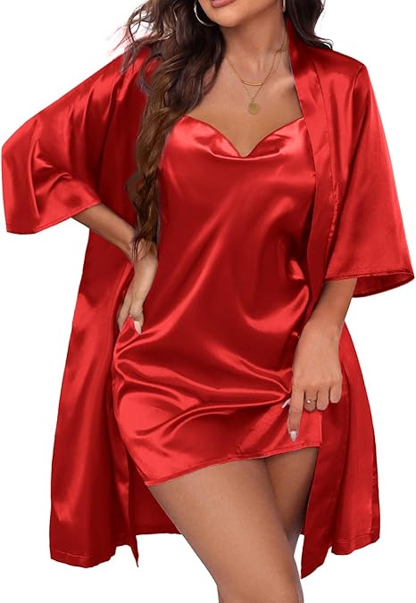 Ekouaer Women's Satin Robe Set Nightgown with Robes Silk Pajama Set 2 Pieces Lingerie Cowl Neck Cami Sleepwear Sets