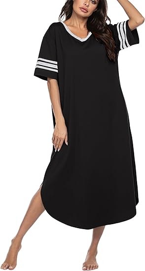 Ekouaer Long Nightgown, Womens V Neck Loungewear Oversized Sleepwear Loose Sleep Dress