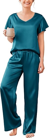 Ekouaer Women's Satin Silky Pajama Set 2 Piece Short Sleeve Shirt with Long Pants Pjs Sets Soft PJ Loungewear