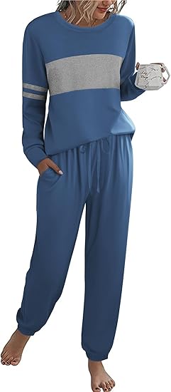 Ekouaer Womens Pajama Sets Long Sleeves 2 Pieces Casual Loungewear Outfits Round Neck Sleepwear with Pockets