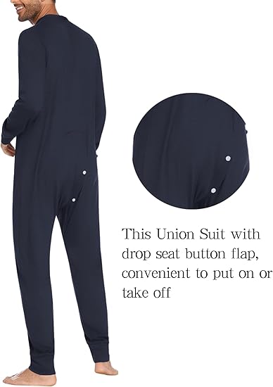 Ekouaer Men's One Piece Pajama Thermal Full Button Union Suit Long Sleeve Onesie with Button Flap