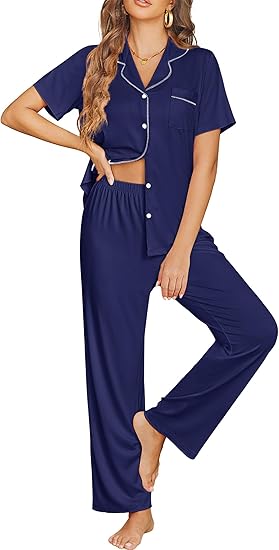 Ekouaer Womens Pajama Sets Button Down Pjs 2 Piece Short Sleeve Sleepwear with Pants Soft Loungewear