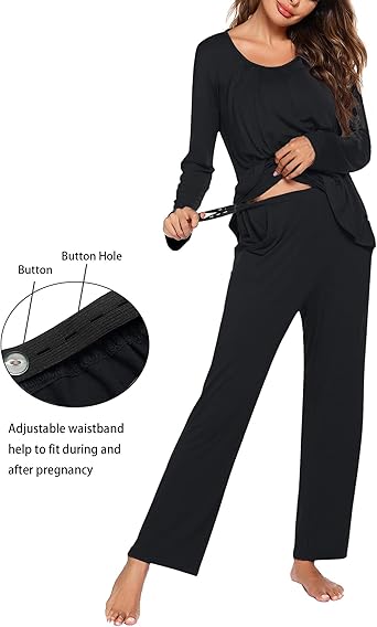 Ekouaer Maternity Nursing Pajama Set Long Sleeve Top & Pants with Pockets Breastfeeding Sleepwear Double Layer Pregnancy