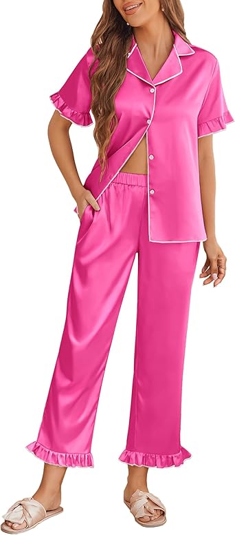 Ekouaer Silk Pajamas for Women Satin Short Sleeve Pajamas Set with Ruffle 2 Pieces Button Down Tops and Pants Rose Red M