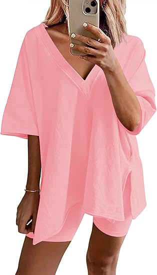 Ekouaer Womens Pajamas 2 Piece Lounge Sets Oversized V Neck T-Shirts Tops Biker Shorts Set Workout Reversible Tracksuit