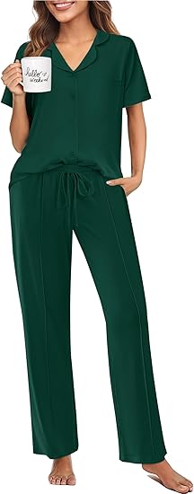 Ekouaer Pajamas for Women Set Button Up Sleepswear 2 Piece Short Sleeve PJ Top and Long Pants Loungwear With Pocket