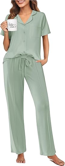 Ekouaer Pajamas for Women Set Button Up Sleepswear 2 Piece Short Sleeve PJ Top and Long Pants Loungwear With Pocket
