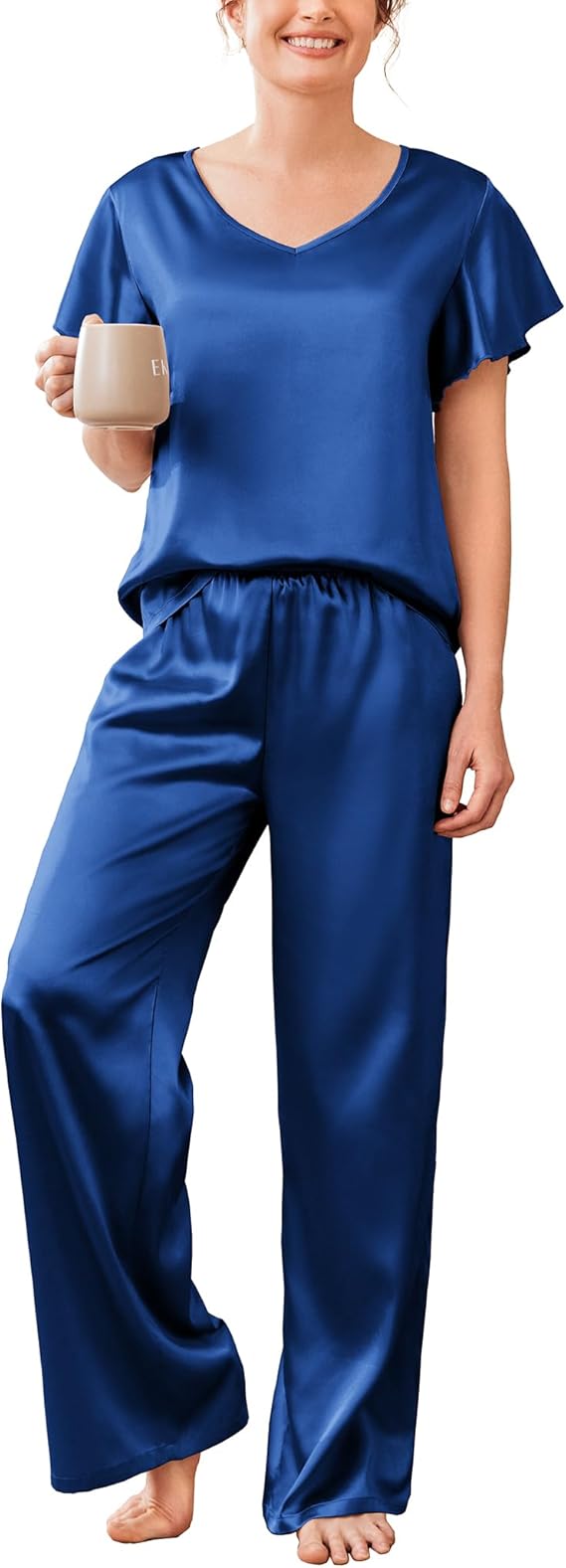 Ekouaer Women's Satin Silky Pajama Set 2 Piece Short Sleeve Shirt with Long Pants Pjs Sets Soft PJ Loungewear