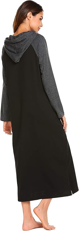 Ekouaer Nightgowns for Women Cotton Nightgown Long Sleeve Hooded Night Gown Contrast Color Full Length Loungewear with Pocket