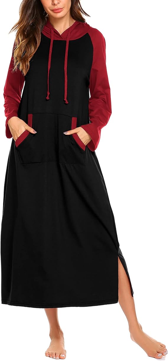 Ekouaer Nightgowns for Women Cotton Nightgown Long Sleeve Hooded Night Gown Contrast Color Full Length Loungewear with Pocket