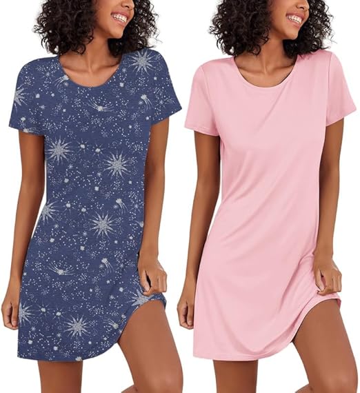 Ekouaer 2 Pack Nightgowns for Women Sleapwear Short Sleeve Night Shirts Soft Sleep Dress Classic Nightdress