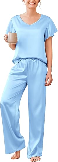 Ekouaer Women's Satin Silky Pajama Set 2 Piece Short Sleeve Shirt with Long Pants Pjs Sets Soft PJ Loungewear