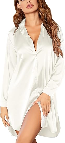 Ekouaer Satin Nightgown for Women Button Down Silk Sleepshirts V Neck Night Gown Long Sleeve Night Shirts
