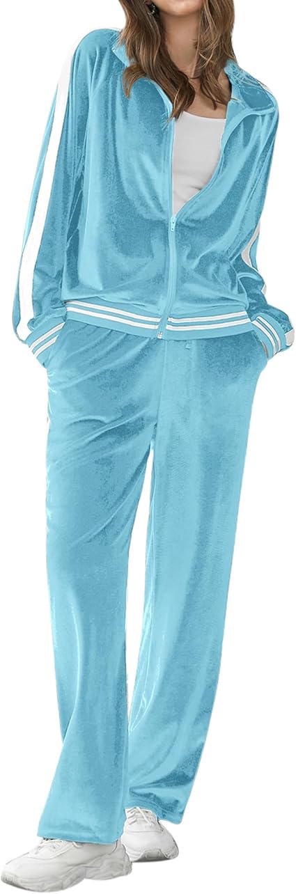Ekouaer Women's Velvet Velor Tracksuits 2 Piece Lounge Outfits Zip Up Sweatshirt and Sweatpants with Pockets