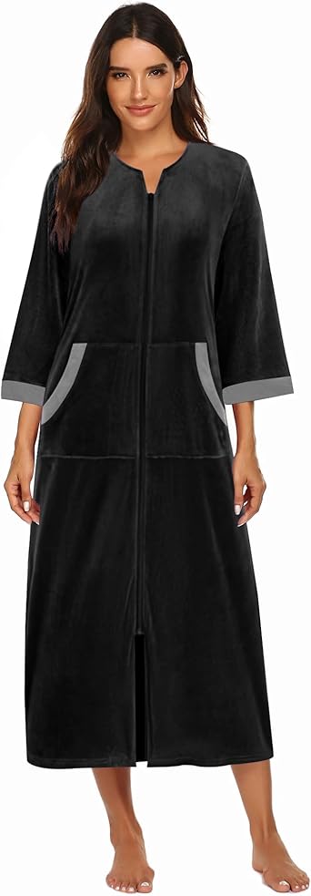 Ekouaer Robe for Women Velour Zipper Robe 3/4 Sleeves Housecoat Full Length Loungewear Long Bathrobe with Pockets
