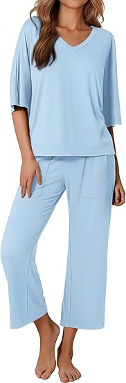 Ekouaer Lounge Sets for Women Comfy Pajamas Set 2 Piece Outfits Short Sleeve Tops and Wide Leg Pants with Large Pockets