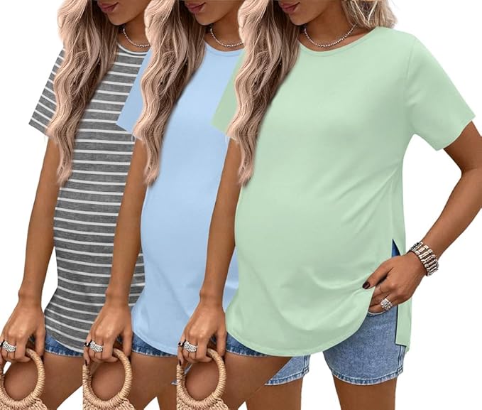 Ekouaer 3 Pack Maternity Shirts Short Sleeve Split Side Pregnancy Tops Casual Pregnant Tunic Blouse