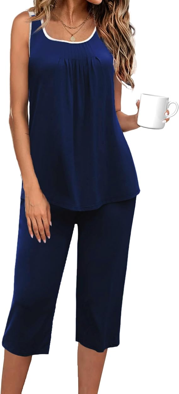 Ekouaer Capri Pajama Sets for Women 2 Piece Soft Cute Pjs Round Neck Sleeveless Lounge Set for Summer Sleepwear
