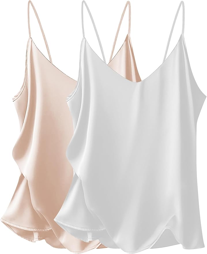 Ekouaer Women's 2 Pcs Satin Camisole Silky Pajama Tank Tops V Neck Soft Spaghetti Strap Loose Basic Sleepwear