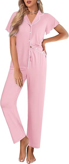 Ekouaer Pajamas for Women Set Button Up Sleepwear Cute Pjs Ruffle Sleeve Notch Collar Loungewear with Long Pants