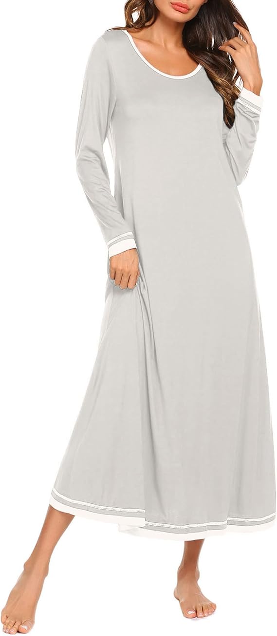 Ekouaer Nightgown Women Long Sleeve Sleepwear Full Length Long Nightshirt Soft Loungewear