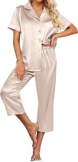 Ekouaer Womens Satin Pajamas Silk Capri Pjs 2 Piece Lounge Sets Short Sleeve Button Down Sleepwear