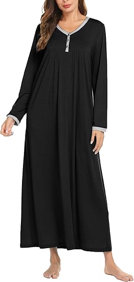 Ekouaer Women's Long Sleeve Nightgown Full Length Sleepwear Long Sleepshirts Henley Sleep Dress
