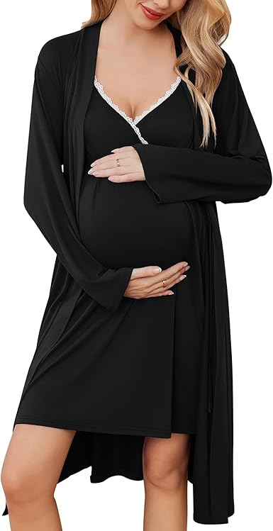 Ekouaer Women's Nursing Nightgown Maternity Nightgowns for Breastfeeding Postpartum Nightgown and Robe Pregnancy Clothes Navy Blue M