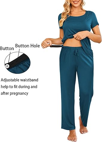 Ekouaer Women Maternity Nursing Pajama Set Breastfeeding Sleepwear Set Short Sleeve Top & Pants Postpartum Pajamas