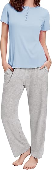 Ekouaer Womens Pajamas Sets Soft Ribbed Knit PJs Short Sleeve Sleepwear Sets Button Plaid Lounge Set