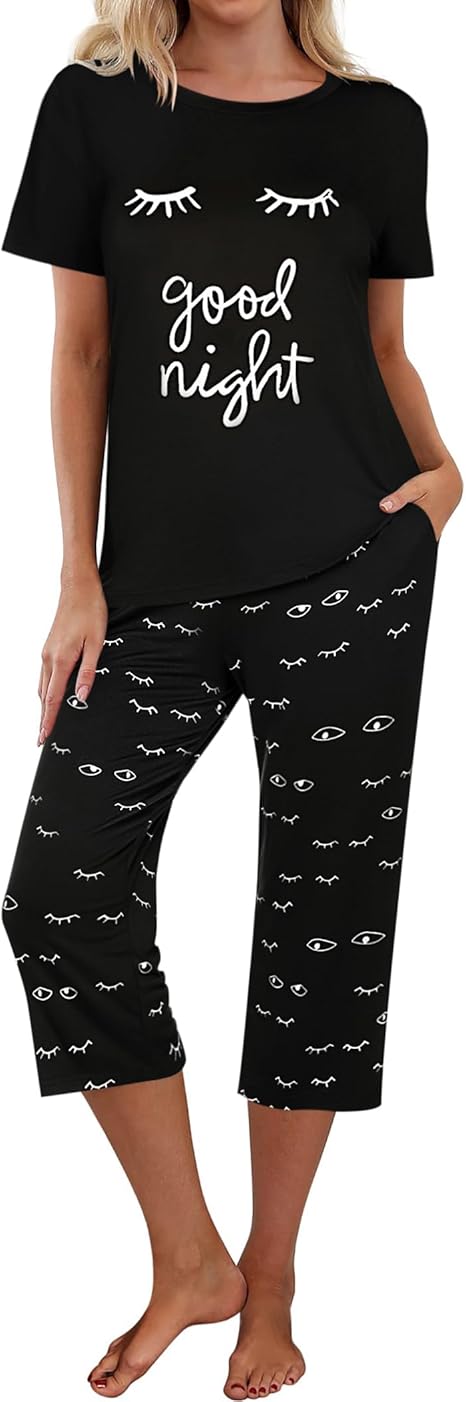 Ekouaer Pajamas for Women Set Short Sleeve Sleepwear Tops with Capri Pants Prints Funny Two Piece Pj Set