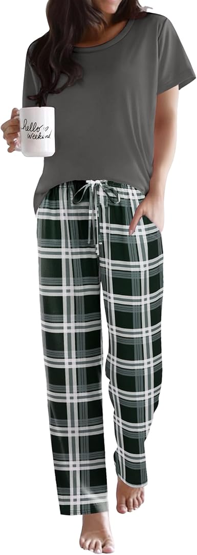 Ekouaer Pajama Sets for Women Round Neck Pjs Short Sleeve Sleepwear with Long Pants Loose Lounge Sets Black-pink Plaid XL