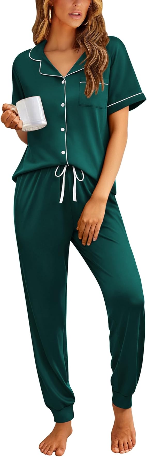 Ekouaer Women Pajama Set Short Sleeve Button Down Pjs Soft Comfy Sleepwear Nightwear with Jogger Pants